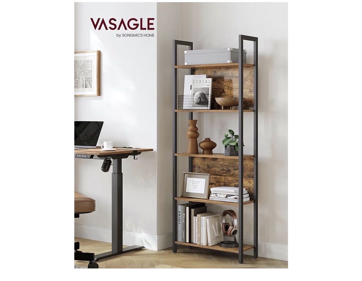 VASAGLE 5-Tier Industrial Bookcase, Rustic Brown & Black, Steel Frame, 24.4"W x 65"H