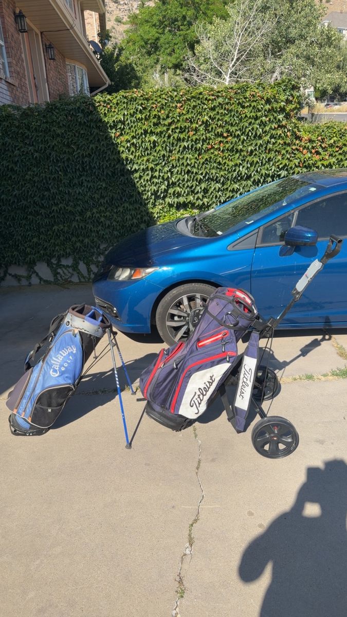 Callaway golf bag with stand, Titleist cart bag, 2 wheel golf push cart