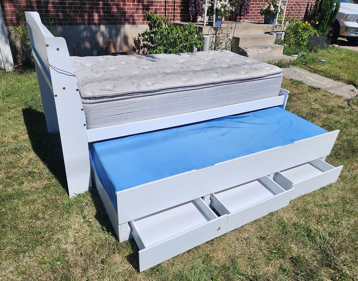 Twin Bed and 2nd pull-out bed with 3 storage drawers and LED strip-light