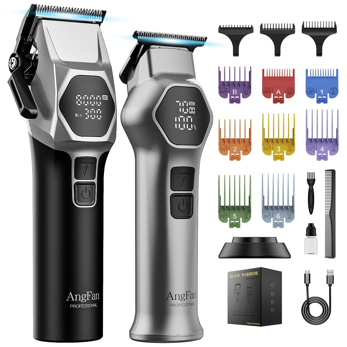 AngFan Professional Blade Warrior Hair Clipper and T-Blade Trimmer Grooming Kit Set