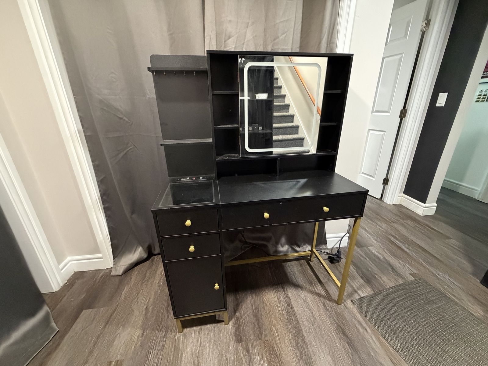 Black Makeup Vanity Desk with LED Lighted Mirror, Drawers, and Gold Accent Legs