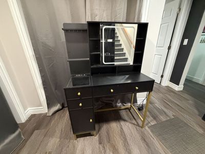 Black Makeup Vanity Desk with LED Lighted Mirror, Drawers, and Gold Accent Legs