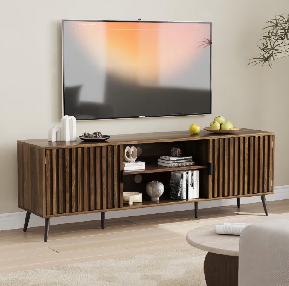 Smart FENDEE 53-Inch TV Stand for TVs up to 60 Inch, Mid-Century Modern Television Stand, Entertainment Center with Fluted Doors