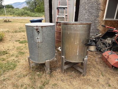 Honey Processing Barrels with Stands - Used, Rust Present, Farm/Industrial Equipment