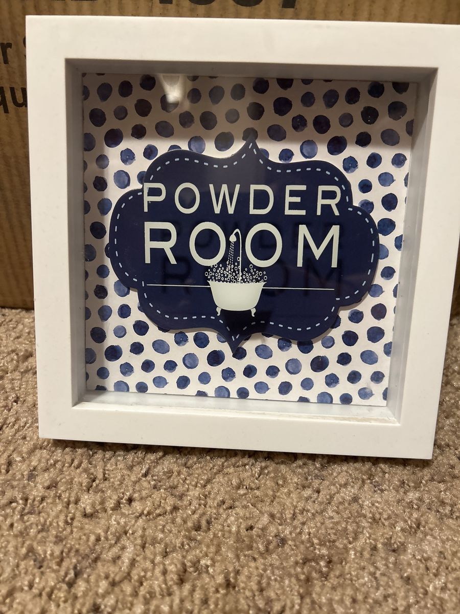 Powder Room Wall Decor Sign - White Frame, Blue & White Polka Dot, Farmhouse Bathroom Art