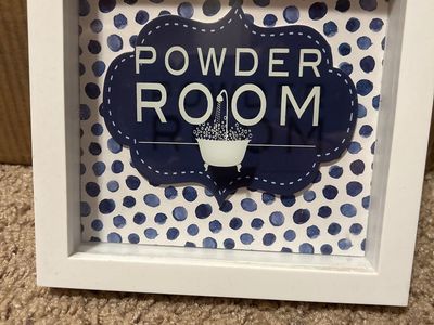 Powder Room Wall Decor Sign - White Frame, Blue & White Polka Dot, Farmhouse Bathroom Art