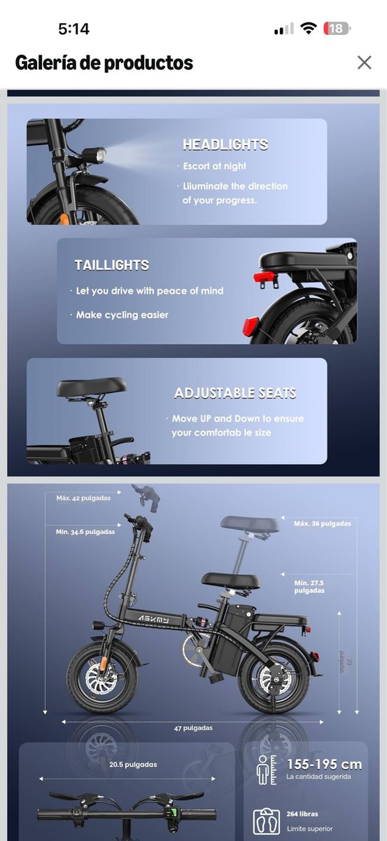 ASKMY Folding Electric Bike - Adjustable Seat, Head/Tail Lights, Max Rider Weight 264 lbs