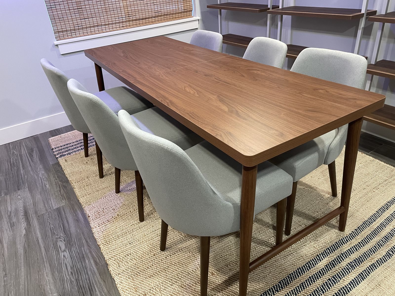 Like New 79" Table with 6 gray upholstered chairs