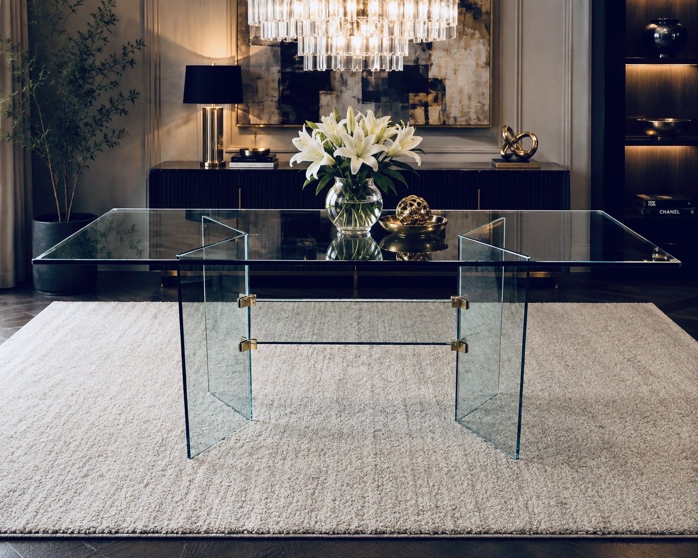 Vintage 1980s Thick Tempered Glass Dining Table | Modern Luxury | Brass Hardware