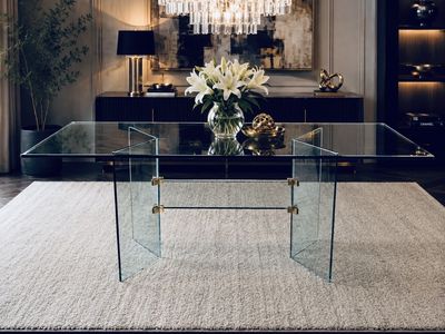 Vintage 1980s Thick Tempered Glass Dining Table | Modern Luxury | Brass Hardware