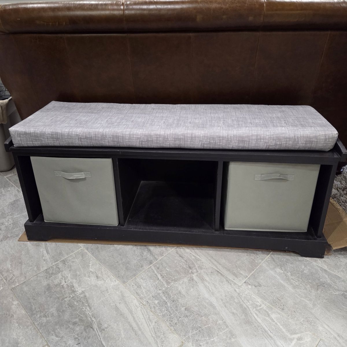 Bench with storage cubbies, 2 bin/totes, and cushi