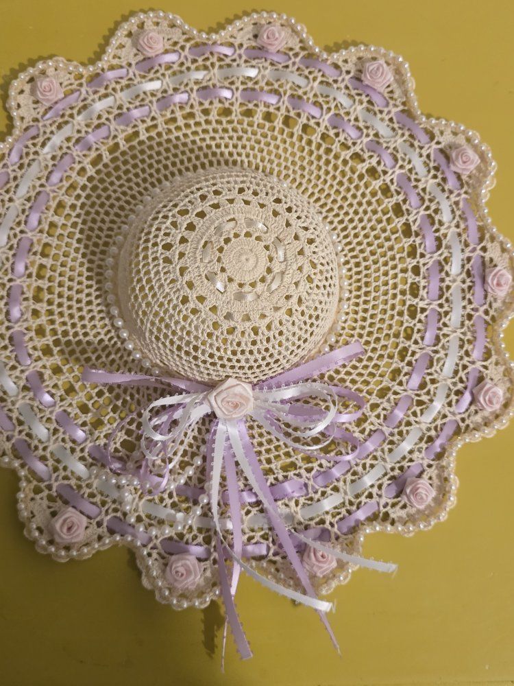 Handmade Crocheted decor Hat - Beige with  Ribbons and Pearl Accents