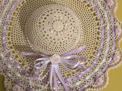 Handmade Crocheted decor Hat - Beige with Ribbons and Pearl Accents
