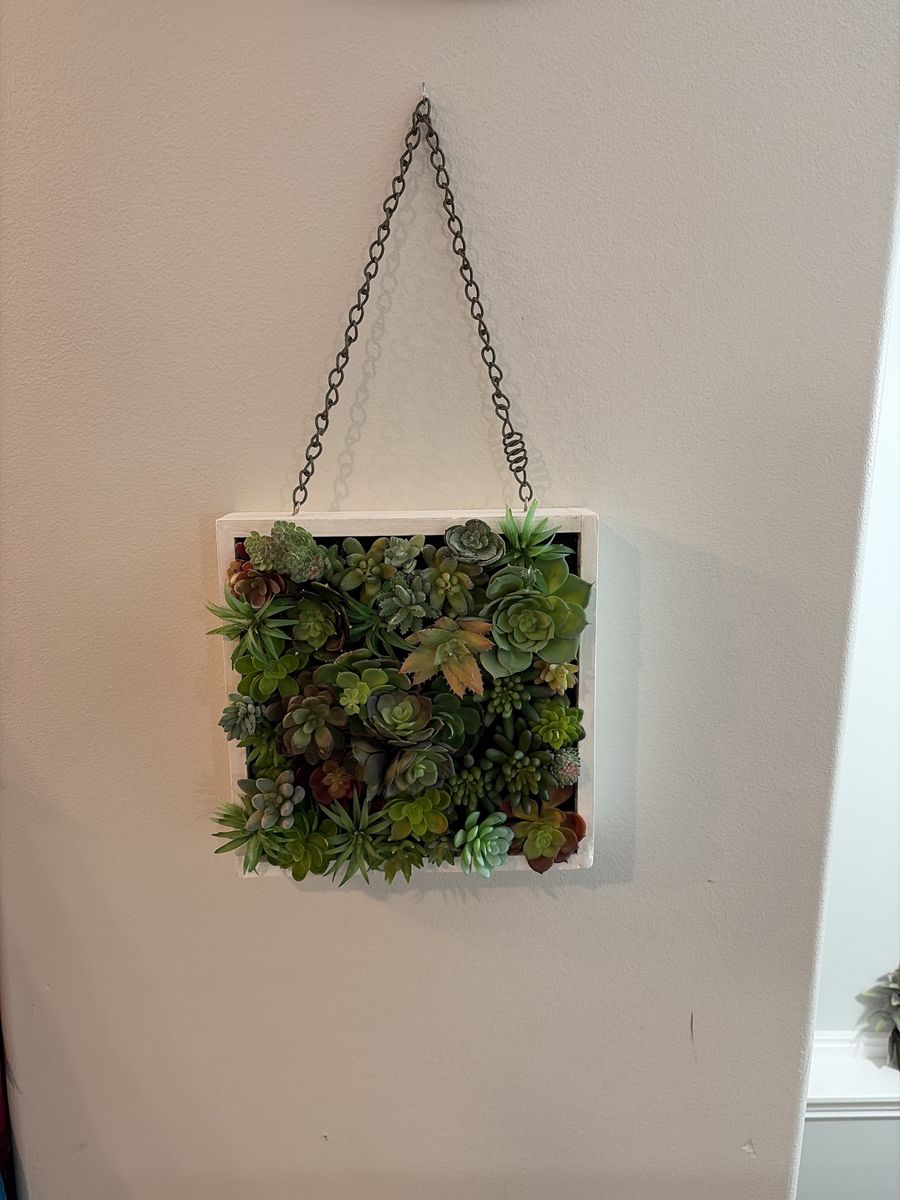 Artificial Succulent Wall Decor - Square Hanging Planter, White Frame, Realistic Faux Plants