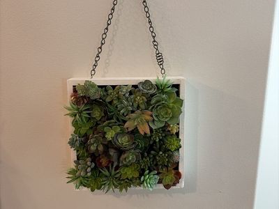 Artificial Succulent Wall Decor - Square Hanging Planter, White Frame, Realistic Faux Plants