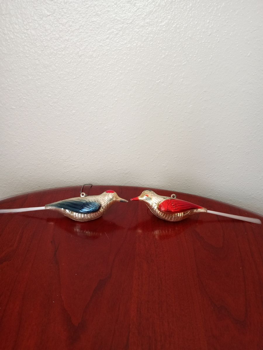Vintage Blown Glass Bird Christmas Ornaments with Spun Glass Tails - Set of 2