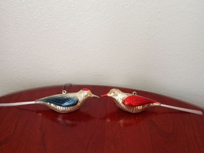 Vintage Blown Glass Bird Christmas Ornaments with Spun Glass Tails - Set of 2