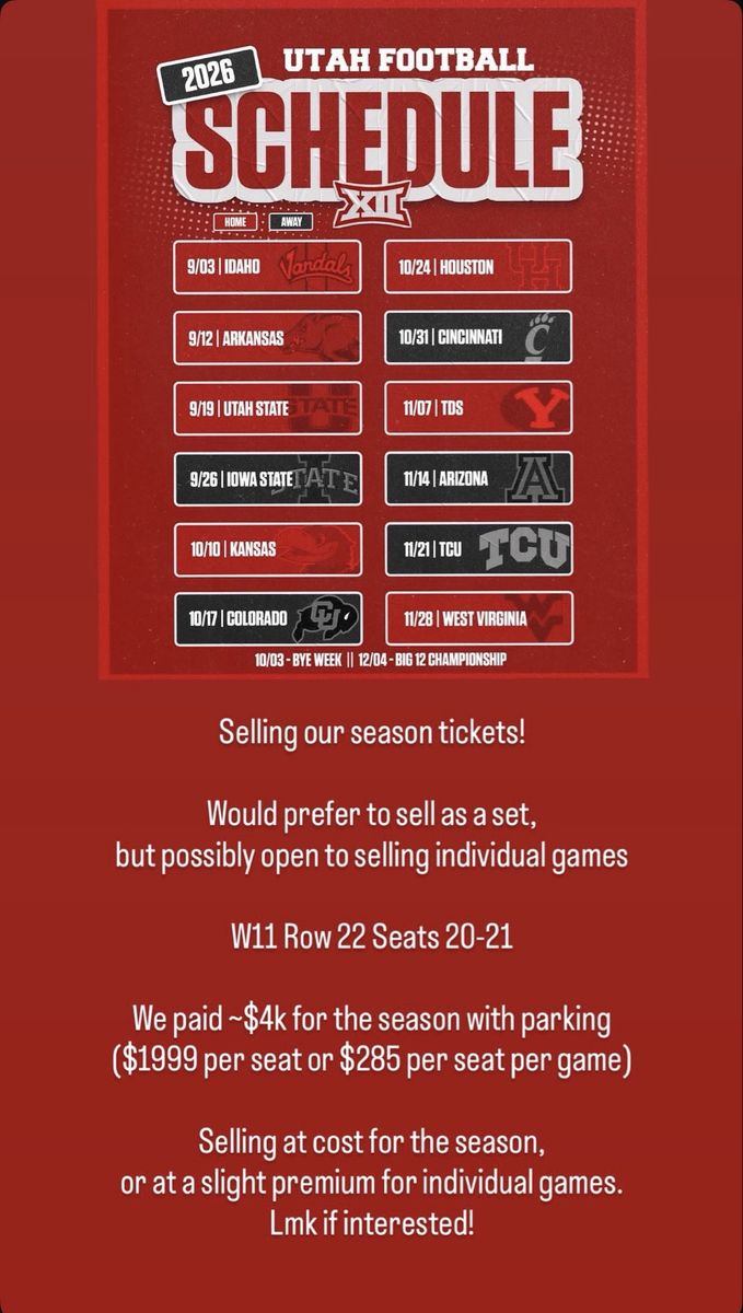 2026 Utah Utes Football Season Tickets - W11 Row 22 Seats 20-21