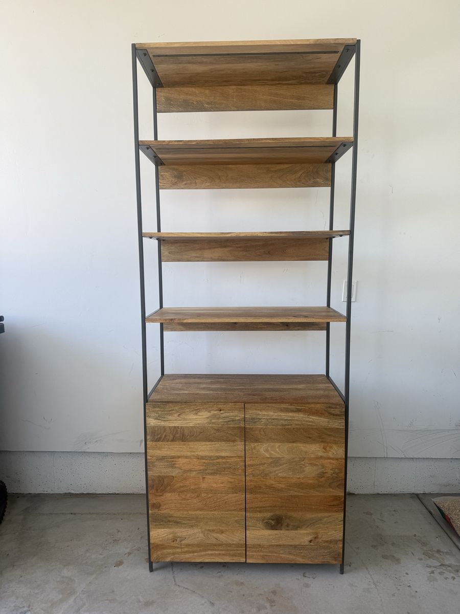West Elm Industrial Solid Wood Shelf with Storage, Bookcase Cabinet