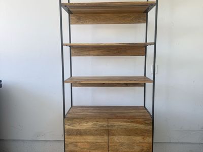 West Elm Industrial Solid Wood Shelf with Storage, Bookcase Cabinet