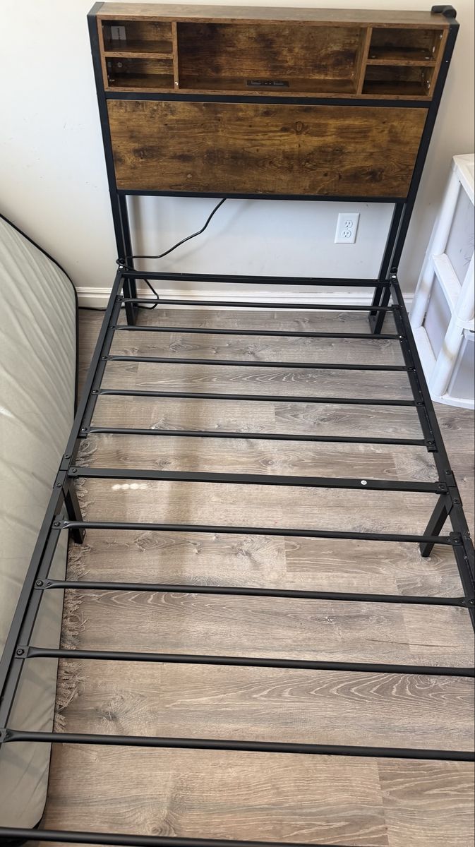 Industrial Style Metal Bed Frame Twin Size with Wood Headboard, Storage & Charging Station