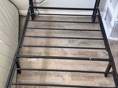 Industrial Style Metal Bed Frame Twin Size with Wood Headboard, Storage & Charging Station