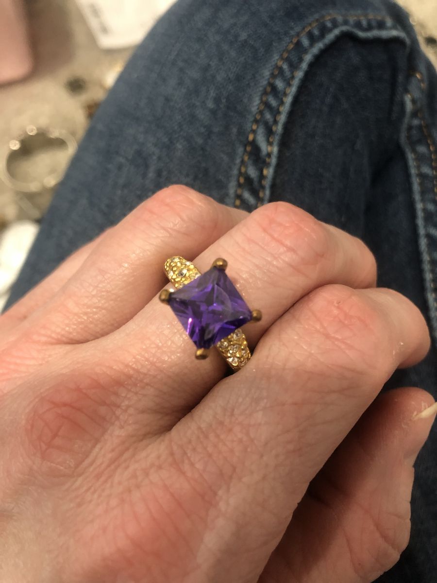 Stunning Purple Stone and Gold Tone Statement Ring - Size 7, Princess Cut, Pave Accents