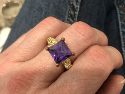 Stunning Purple Stone and Gold Tone Statement Ring - Size 7, Princess Cut, Pave Accents