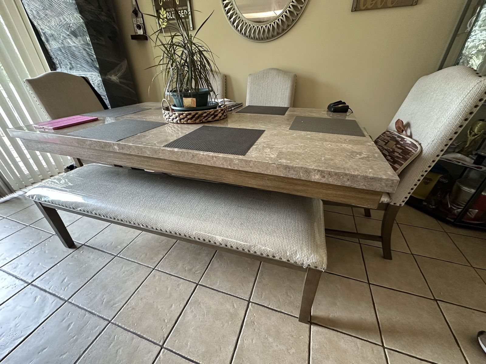 Marble Top Dining Table Set with Upholstered Chairs & Bench - Seats 6
