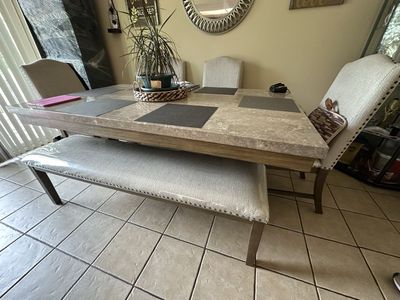 Marble Top Dining Table Set with Upholstered Chairs & Bench - Seats 6