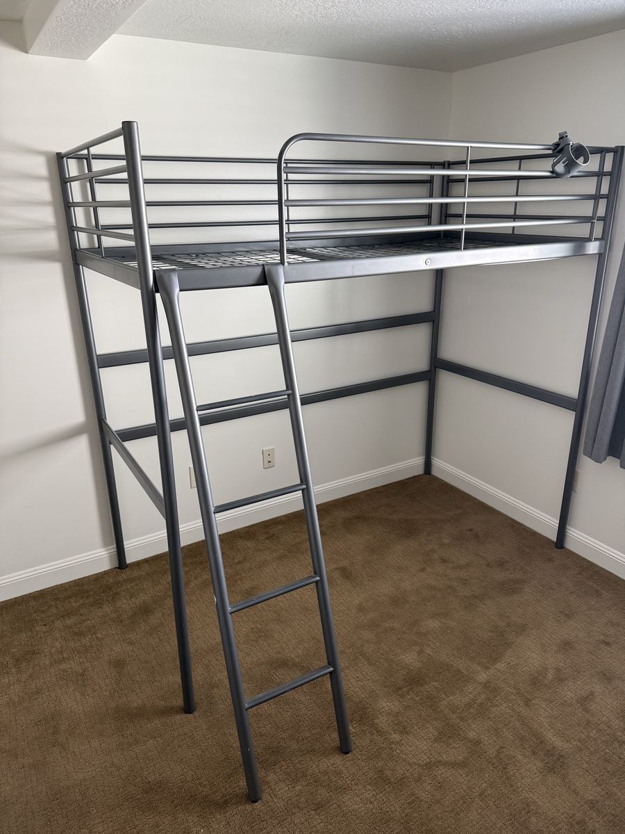 Loft Bed Frame - Gray Metal Twin Size - Space Saving Design