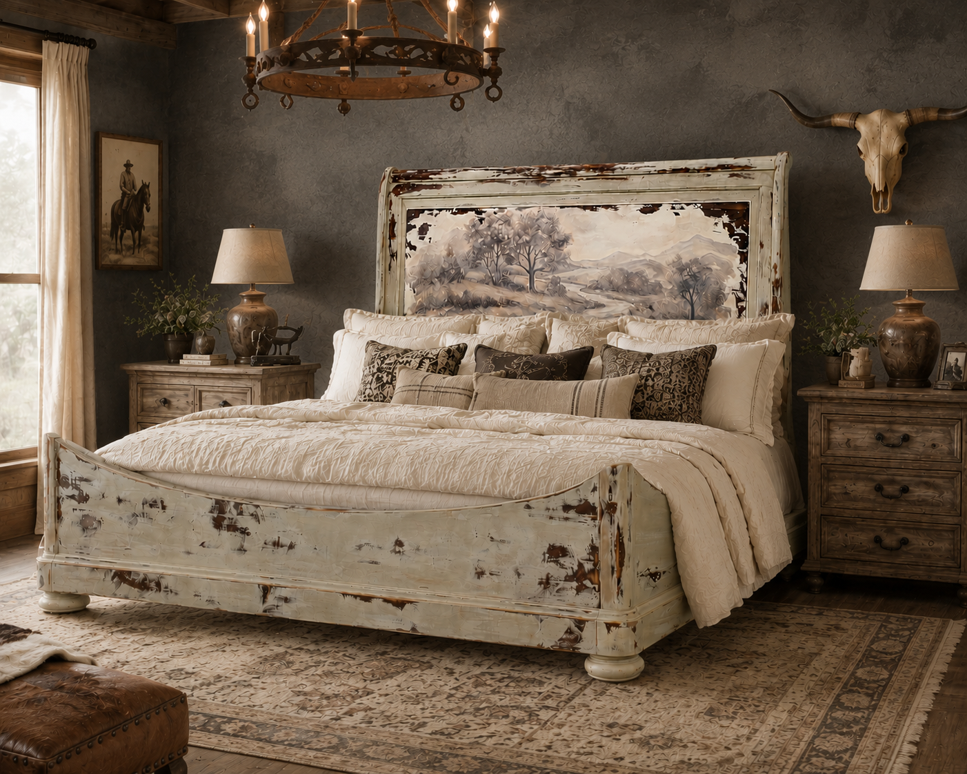 "A River Runs Through It" King Vintage Sleigh Bed Frame Cottagecore French Farmhouse Shabby Chic Cabin
