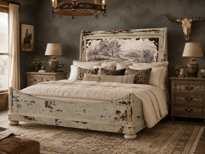"A River Runs Through It" King Vintage Sleigh Bed Frame Cottagecore French Farmhouse Shabby Chic Cabin