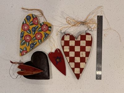 Lot of 5 Vintage Whimsical Rustic Folk Art Hearts
