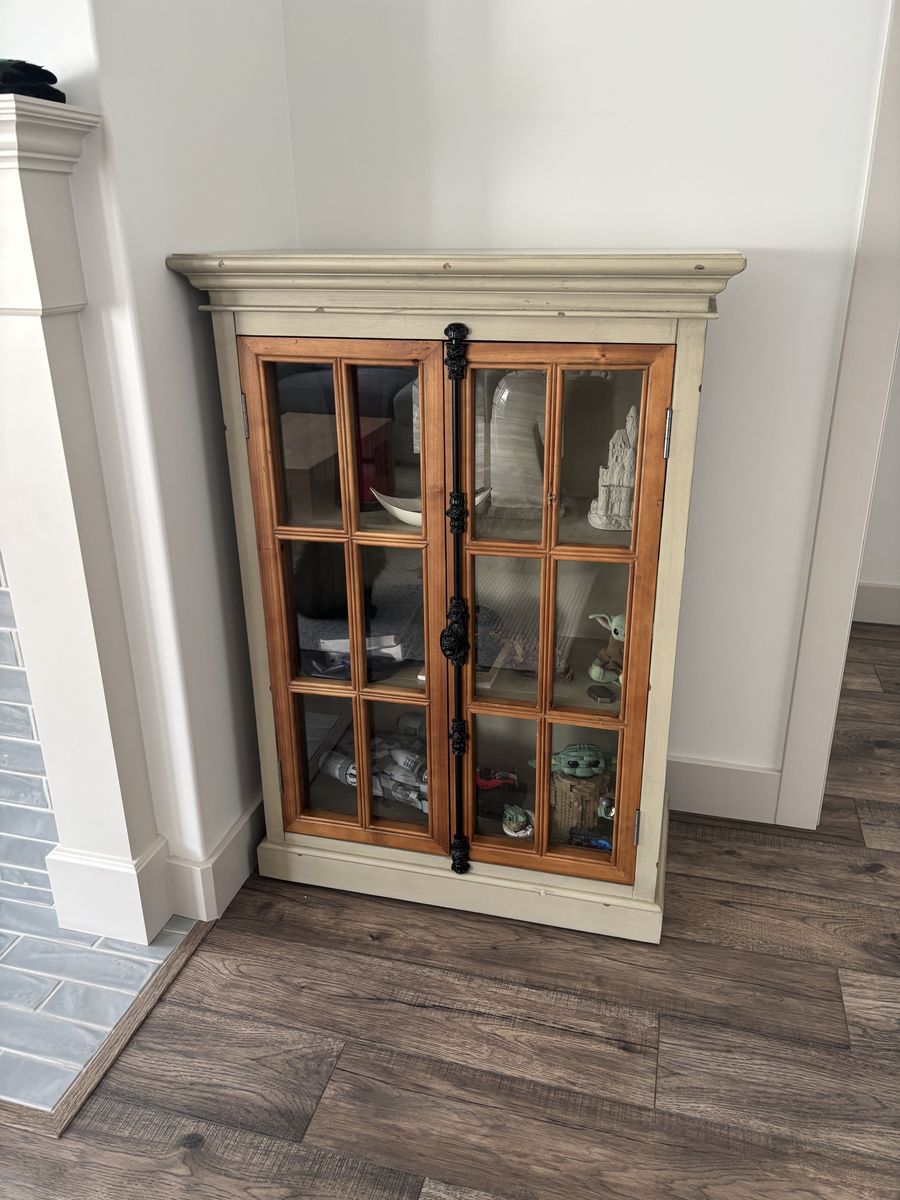 Distressed White & Wood Display Cabinet w/ Glass Doors - 2 Shelves, Country Style  = Cremone Linen Gray Low Cabinet