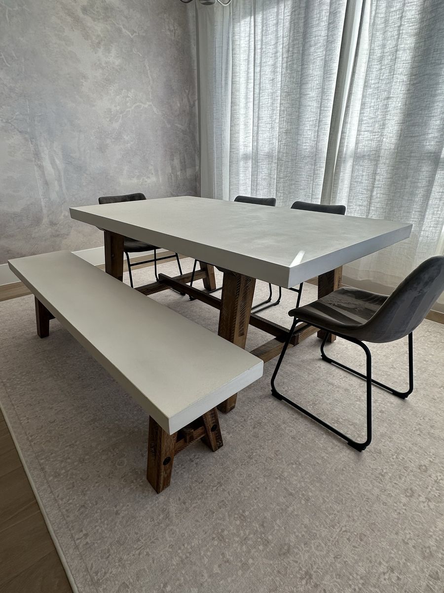 Modern Concrete Dining Table Set: Bench + 4 Velvet Chairs - Minimal Wear