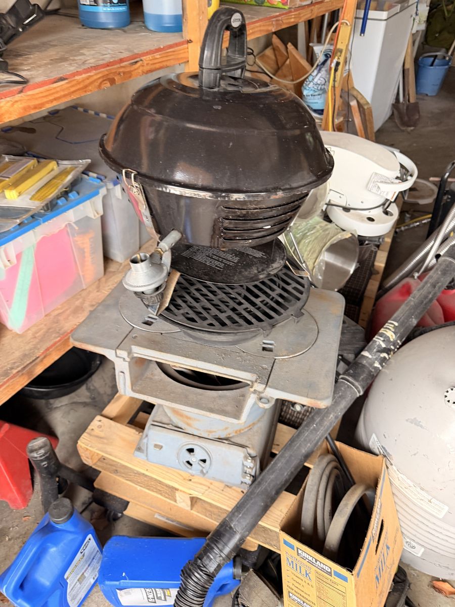 Small cast-iron stove, &  hibachi grill & small picnic table barbecue propane grill.