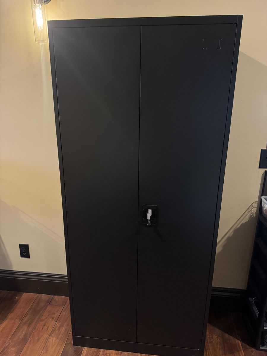 Black Metal Storage Cabinet with Double Doors and Shelves