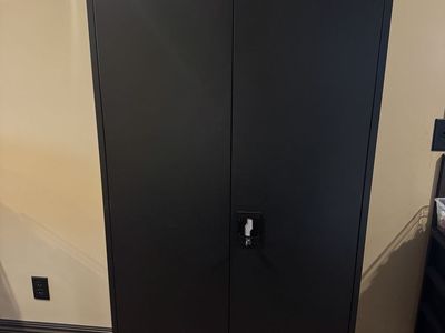 Black Metal Storage Cabinet with Double Doors and Shelves