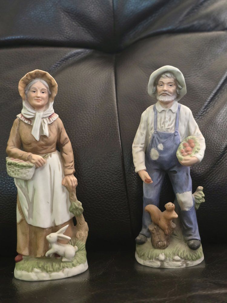 Vintage Porcelain Farmer Pair Figurines - Old Man with Squirrel and Old Woman with Rabbit #1409