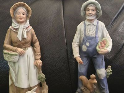 Vintage Porcelain Farmer Pair Figurines - Old Man with Squirrel and Old Woman with Rabbit #1409