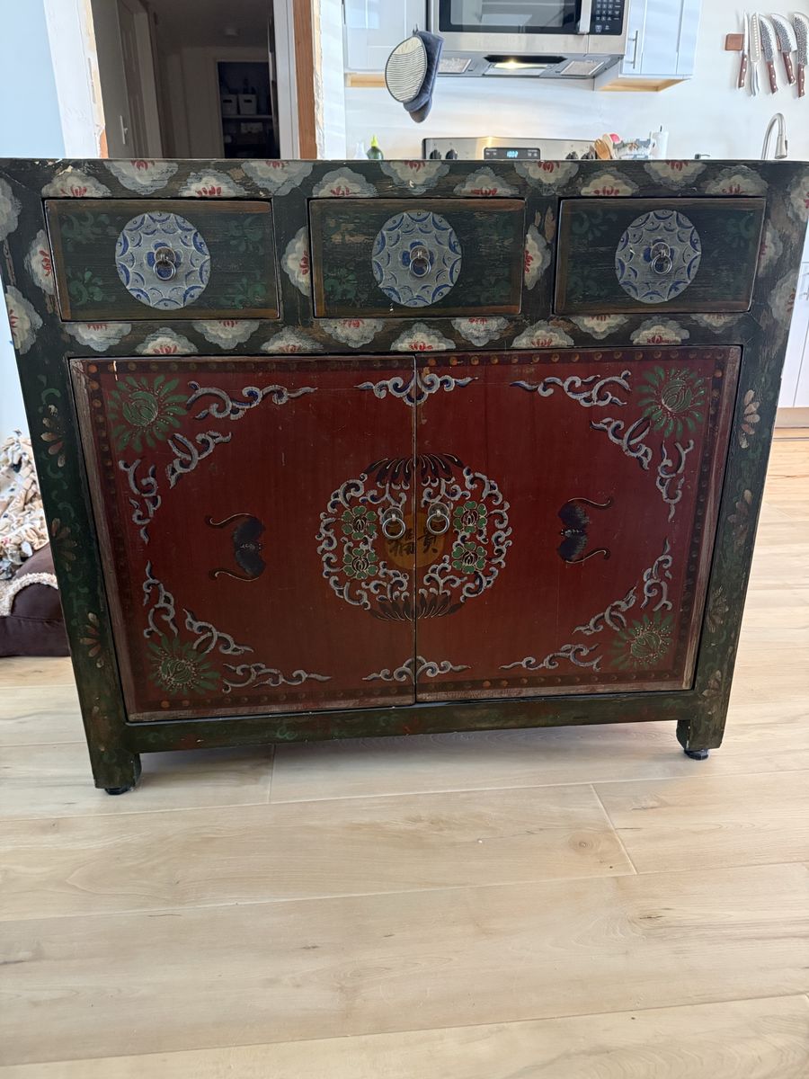 Hand-Painted Asian Style Wooden Buffet Cabinet with Drawers and Doors