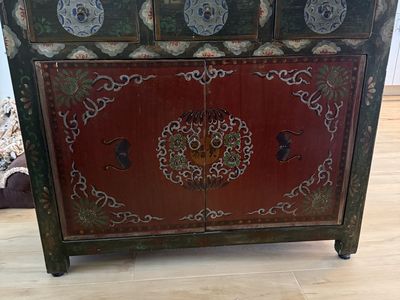 Hand-Painted Asian Style Wooden Buffet Cabinet with Drawers and Doors