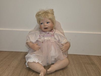 Vintage Porcelain Collectible Doll with Blonde Hair in Pink Lace Dress