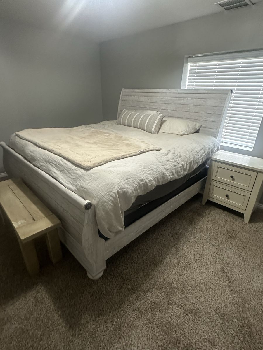 King Size Whitewashed Wood Sleigh Bed Frame with Headboard and Footboard