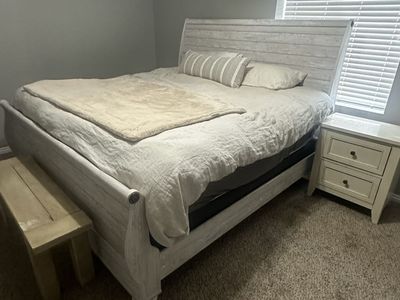 King Size Whitewashed Wood Sleigh Bed Frame with Headboard and Footboard