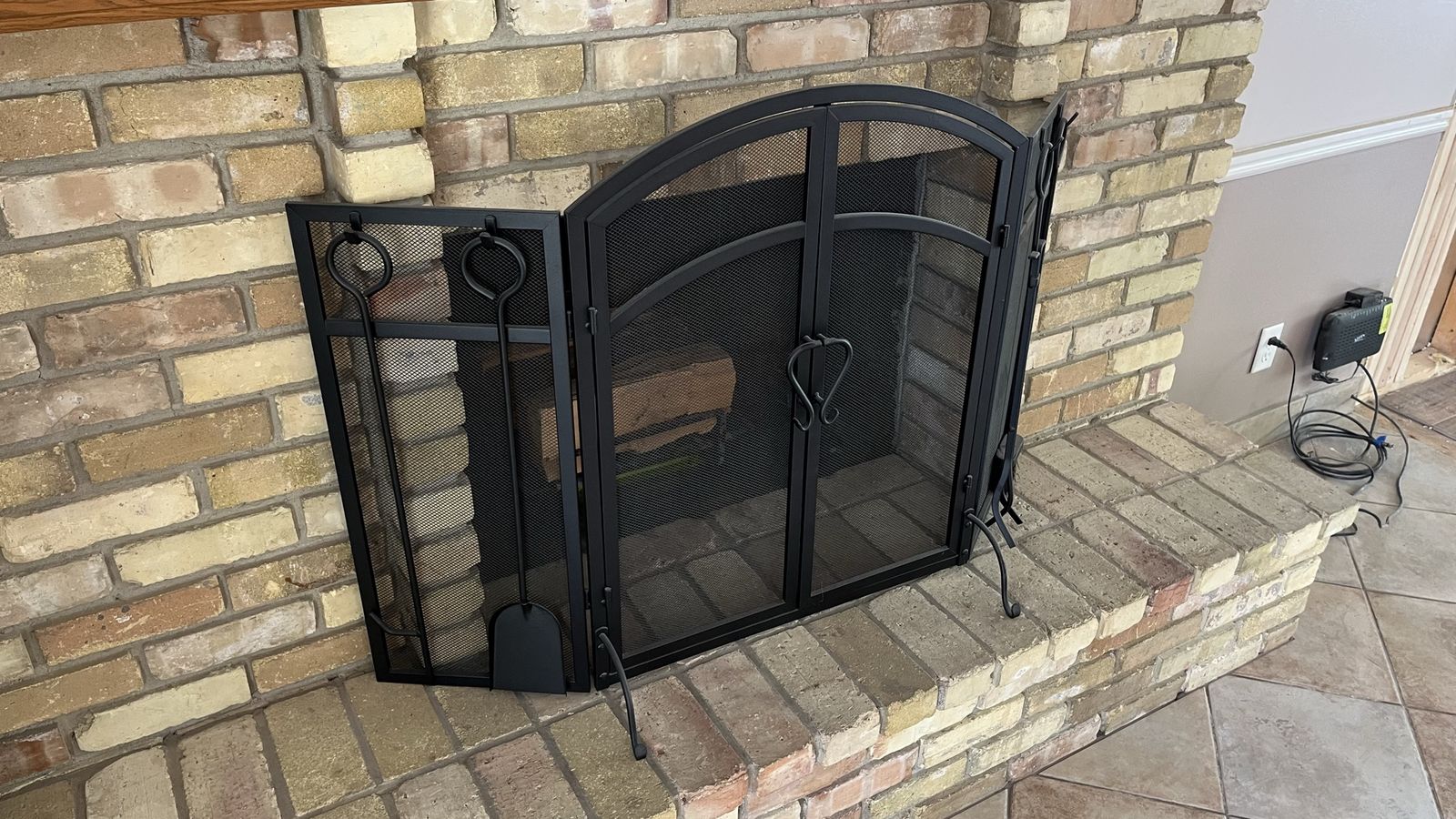 Black Wrought Iron Fireplace Screen with Tools - 3-Panel Arch Design