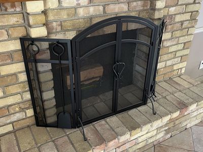 Black Wrought Iron Fireplace Screen with Tools - 3-Panel Arch Design
