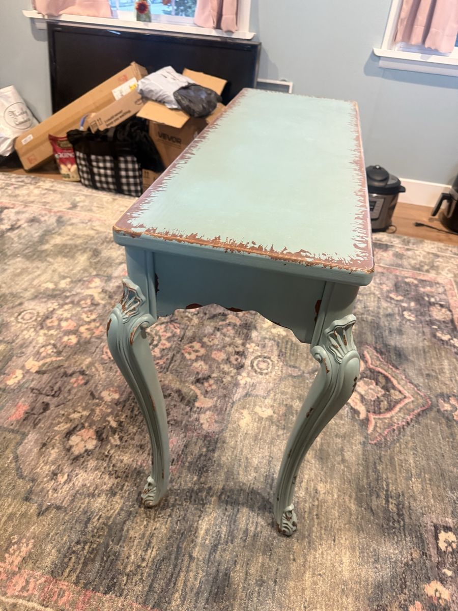 Vintage Distressed Blue Console Table with Carved Cabriole Legs