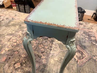 Vintage Distressed Blue Console Table with Carved Cabriole Legs